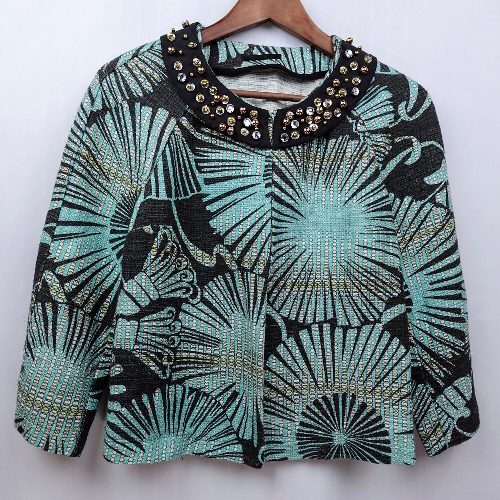 PINKO Rhinestone Collar Cropped Jacket‎ Sz 8 Aqua Blue Black Linen Blend Evening